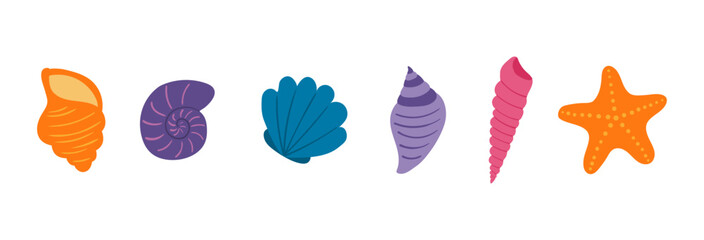 Seashell, starfish illustration isolated set. Summer holidays, vacations, tropical resort, beach, marine wildlife, aquatic animal. Flat design element, clip art collection, hand drawn vector © Maria Skrigan