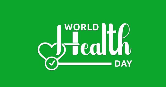 World Health Day text animation in 2 clips, featuring handwritten text calligraphy on green screen alpha channel and white screen, ideal for health campaigns and promotions.