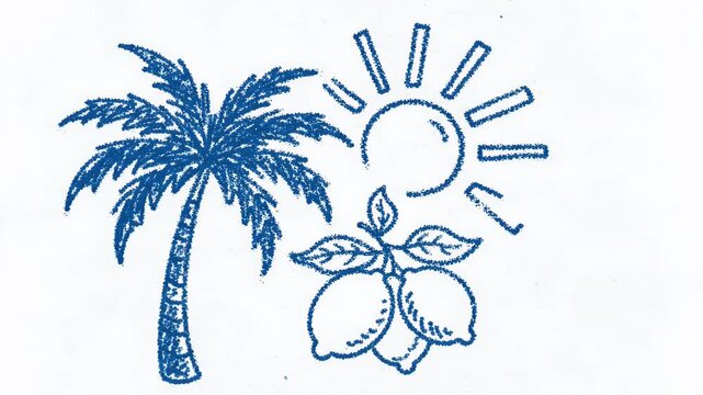 Palm Tree Sun And Lemons Blue Line Drawing
