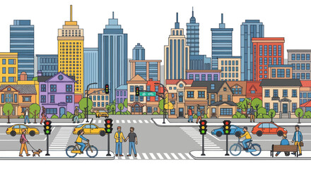 colorful city street scene with buildings and traffic © Udin