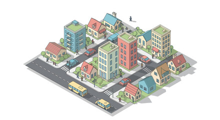 isometric city block with buildings and vehicles