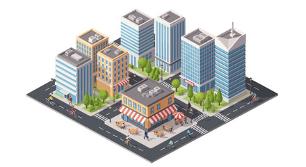 isometric cityscape with modern buildings and busy street © Udin