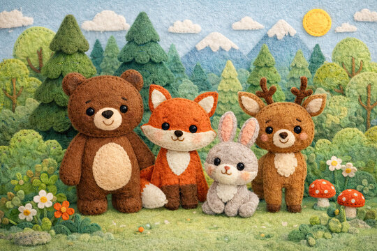 Cute Woodland Animal Characters in Forest Scene
