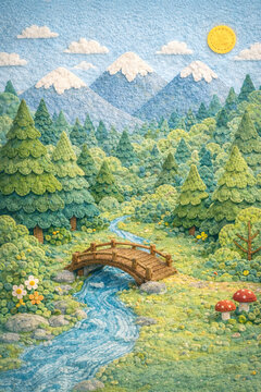 Cute Clay Forest Landscape with Wooden Bridge and Mountain River
