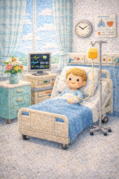Happy Child Recovering in Hospital Bed with Medical Monitor