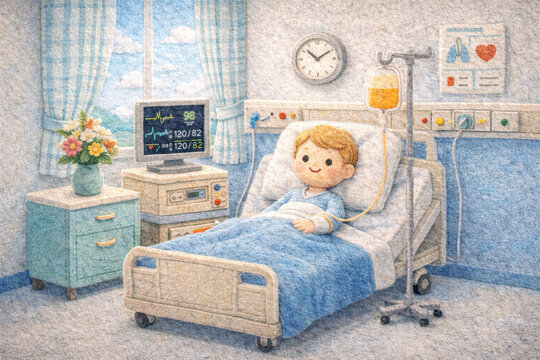 Child Patient Resting in Hospital Bed with IV Drip and Monitor