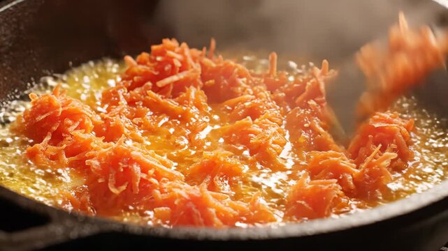 Close Up Of Shredded Carrots Being Saut?ed In A Cast Iron Skillet With Butter And Steam Rising From The Pan In A Kitchen Setting