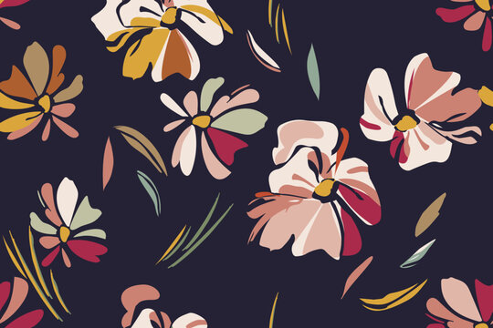 Seamless floral pattern with hand drawn abstract flowers and leaves on dark background. Painterly botanical print for textile and wallpaper.