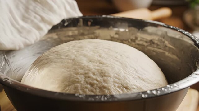 Close up of yeasted dough rising in a stainless steel bowl on a wooden countertop with a rustic kitchen background soft natural lighting perfect for baking and cooking content