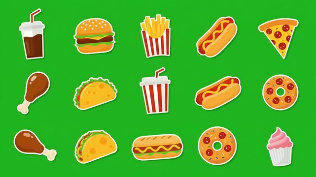 Pixel Art Fast Food Collage on Green Background Animated Loop