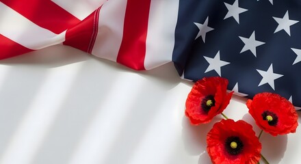 Fototapeta premium Memorial day tribute honoring fallen heroes with american flag and poppies on patriotic background