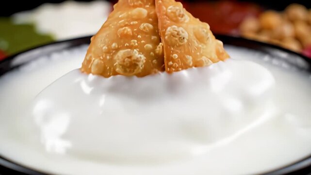 Crispy golden brown samosa being dipped into creamy white yogurt sauce in a black bowl with blurred background of chickpea and chutney ingredients delicious snack for refreshment