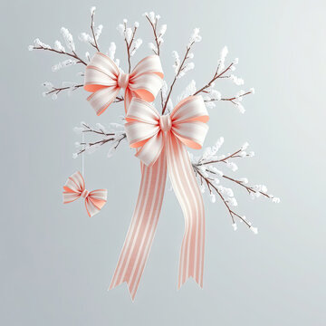 Delicate, contemporary wallpaper with a striped, white and light muted pink,  bow across florish branches, clear background