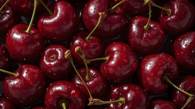 A vibrant pile of fresh cherries with green stems and water droplets on their surface.