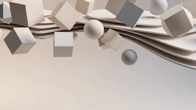 Abstract 3D geometric shapes and spheres floating on wavy fluid background, soft pastel tones, minimalist aesthetic