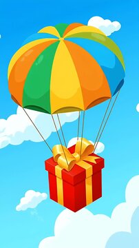 Pixel Art Gift Box Descending Via Colorful Parachute Animation Sky Background