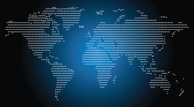 World Map from Dots on blue background. Dotted white cartographic image of the Earth, vector illustration, eps