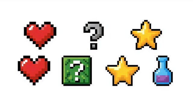Pixelated Hearts Stars Question Marks Potions and Blocks Loop Animation Retro Game Icons