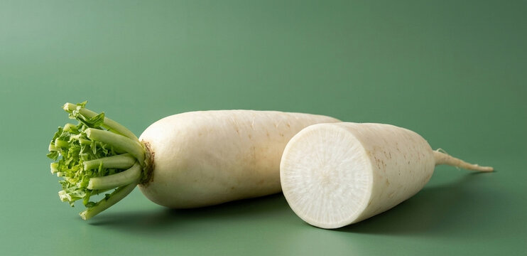 Fresh White Daikon Radish Whole and Cut Half on Green Background