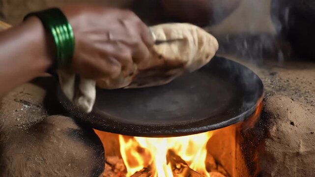 Close up of a person cooking flatbread on a cast iron pan over an open wood fire in a rustic outdoor kitchen with smoke rising and detailed textures of food preparation