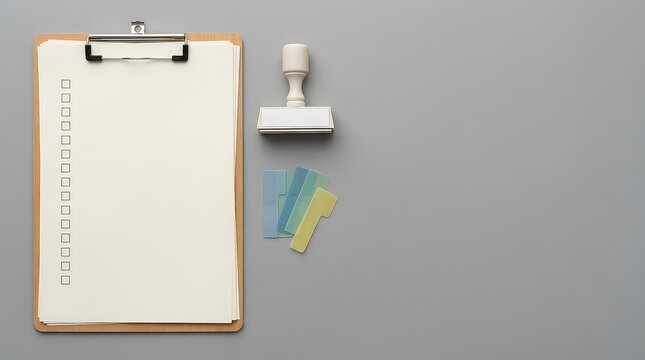 Compliance checklist clipboard blank stamp filing tabs neutral background minimal business document flat lay with copy space