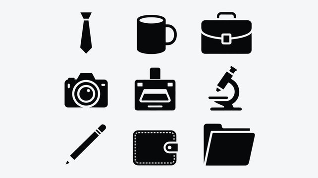 A clean and modern vector illustration featuring a set of black flat design icons on a light gray background, including business and office supplies, perfect for commercial use.