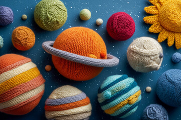realistic studio photo of a solar system model with knitted planets and sun made of colorful chunky yarn for cozy astronomy concept