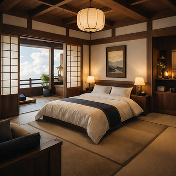 La imagen muestra un dormitorio elegante de estilo japon&eacute;s tradicional que transmite calma y equilibrio. La habitaci&oacute;n est&aacute; dominada por tonos c&aacute;lidos de madera natural en el techo, paredes y muebles.