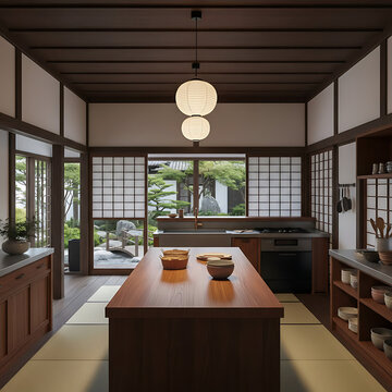 La imagen muestra una elegante cocina de estilo japon&eacute;s tradicional con un dise&ntilde;o minimalista y armonioso. El espacio est&aacute; dominado por madera natural en muebles, techo y una gran mesa central que fun