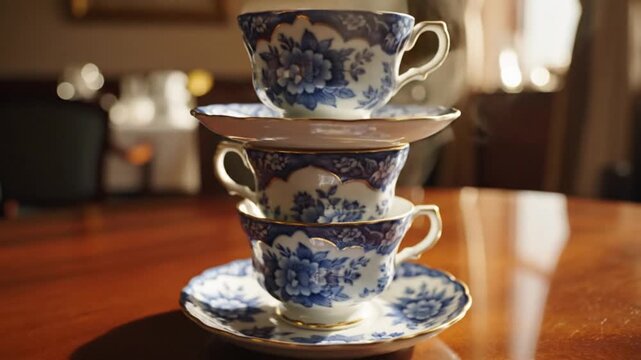 A stack of three vintage tea cups on saucers, adorned with blue floral patterns, placed on a wooden table in a cozy dining setting with soft natural light.