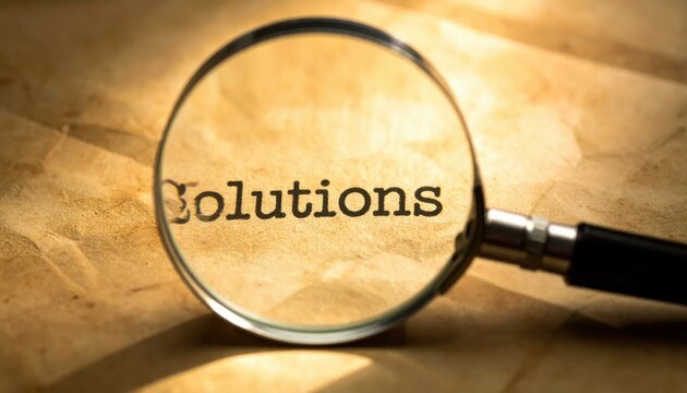 Magnifying Glass Over Text 'Solutions' on Vintage Paper Background with Warm Ambient Light
