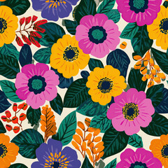 Colorful floral seamless pattern with stylized garden flowers and leaves