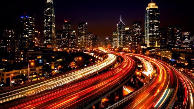 Modern city skyline with illuminated skyscrapers and highway light trails. Timelapse animation