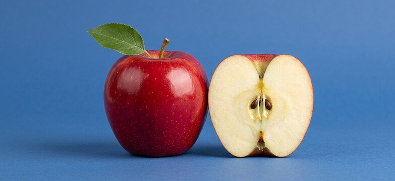 Fresh Red Apple Whole with Leaf and Sliced Half Showing Seeds on Blue Background