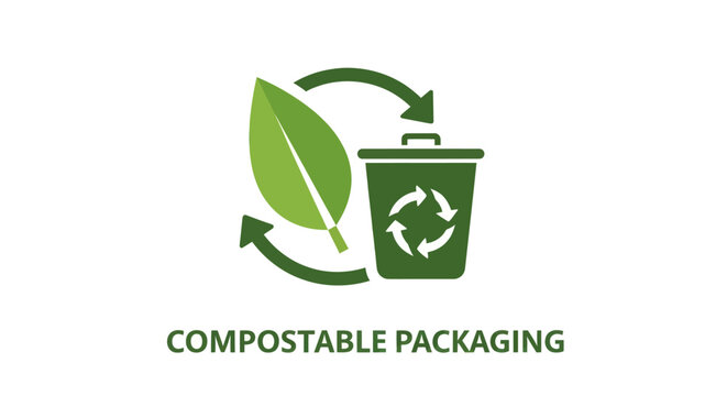 Eco-friendly compostable packaging logo with a green leaf and recycle bin icon for sustainable waste.