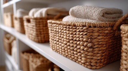 Obraz premium Woven storage baskets with plush towels on white shelf
