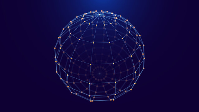 Tech Network Sphere Vector. 3D Wireframe Globe with Linked Lines. Abstract Geometric Background.