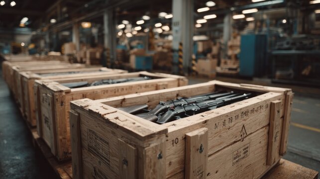 Mass production of rifles in wooden crates inside a modern factory industrial setting