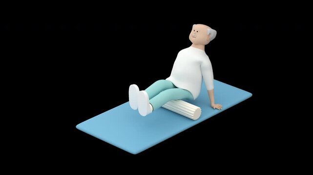 Elderly male performing a foam rolling exercise for the hamstrings on a fitness mat, 3d render with alpha channel