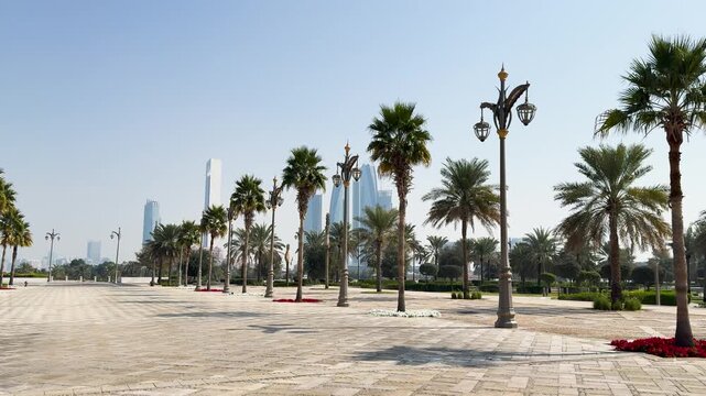 Lamp avenue with Abu Dhabi skyline in Abu Dhabi, United Arab Emirates