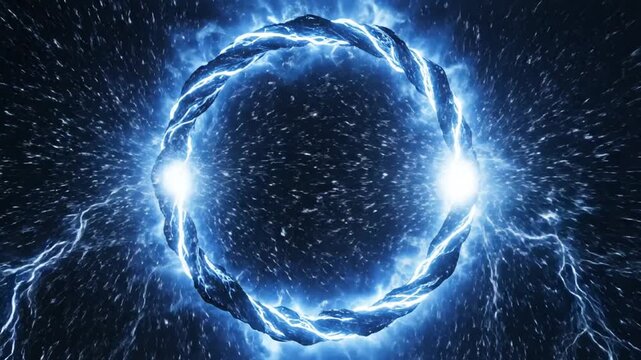Braided blue energy ring with lightning and glowing points in space