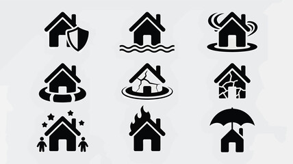 Fototapeta premium A set of nine minimalist black house icons depicting various conditions and states, including protection, flooding, fire, and more, on a light gray background.