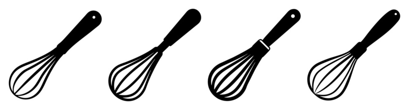 Set of four black kitchen whisks isolated on white background flat design vector illustration