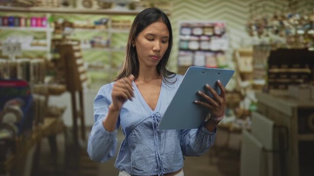 Thai woman holding clipboard and pen, making thumbs down gesture while inspecting shelves in a craft store building; disapproval inventory check.