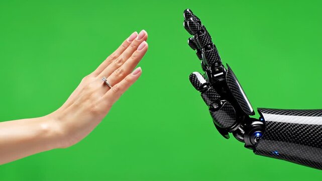 Human hand and robotic arm reaching out to each other on green screen