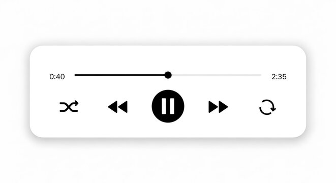 Black audio player control buttons on white background