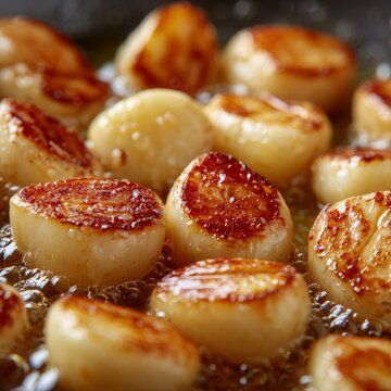 Sizzling scallops frying in hot golden butter