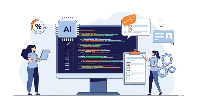 Quality assurance team using AI for automated software testing and code review on a computer with checklists.