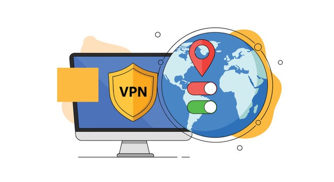 A VPN service for secure and private internet browsing with IP address location switching shown on a world map.