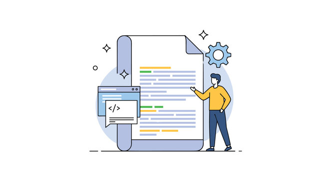Male programmer or web developer stands next to a large document showing code with a browser window and gear icon nearby.